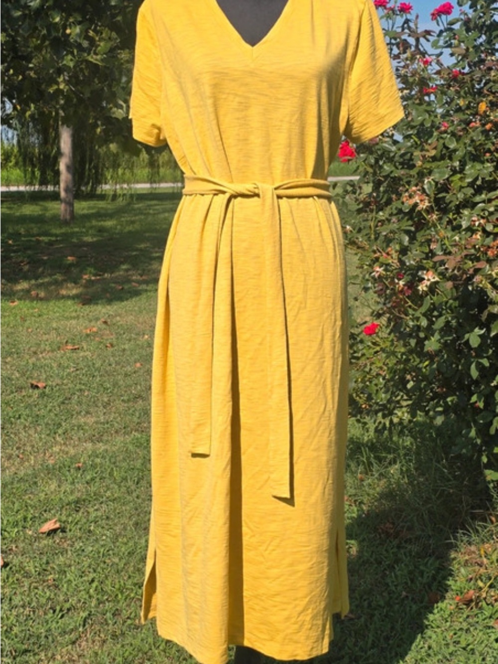 Time and Tru Yellow V‑Neck Tie‑Waist Maxi Dress